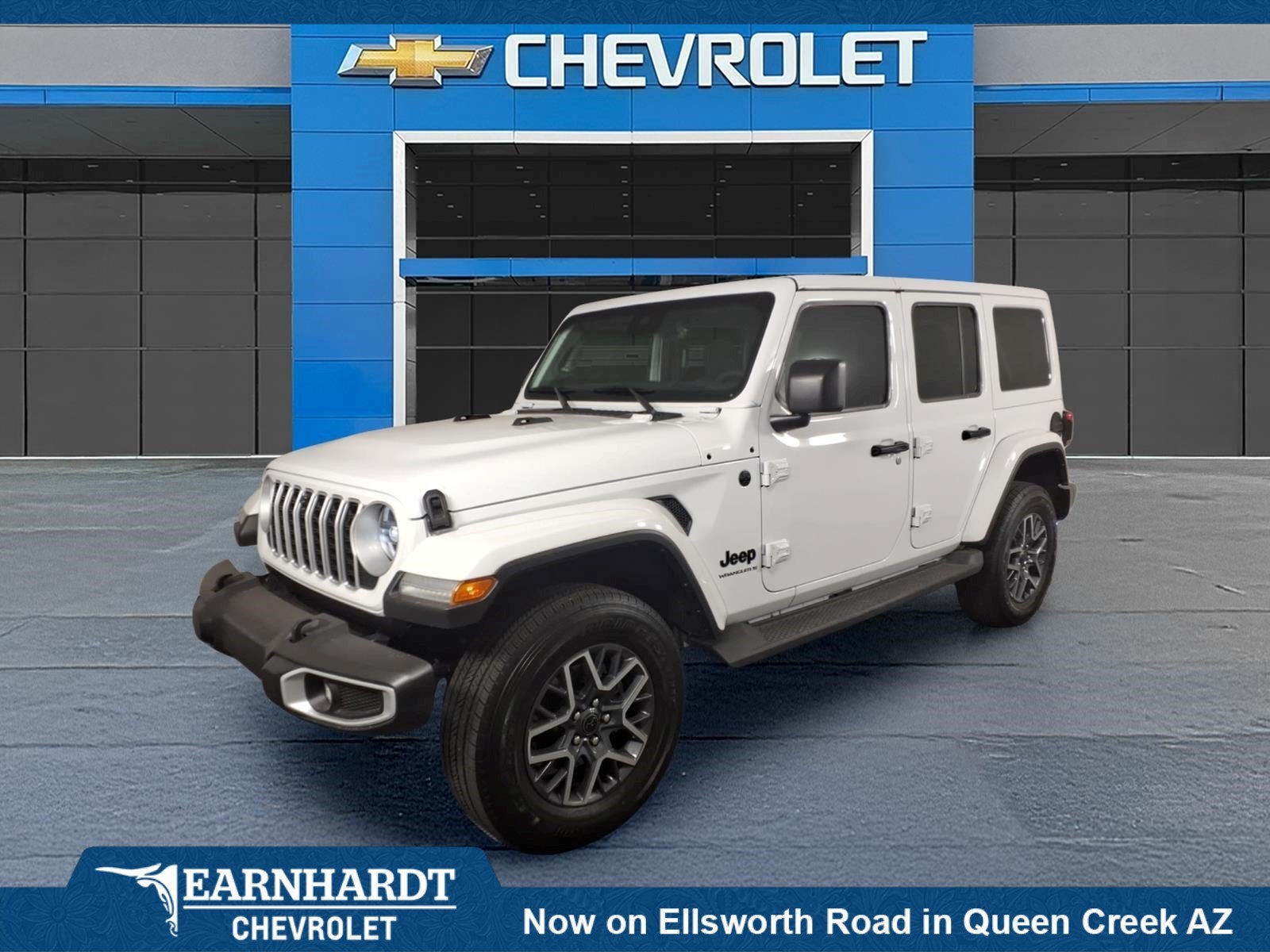 2025 Jeep Wrangler Sahara in White — front three-quarter view